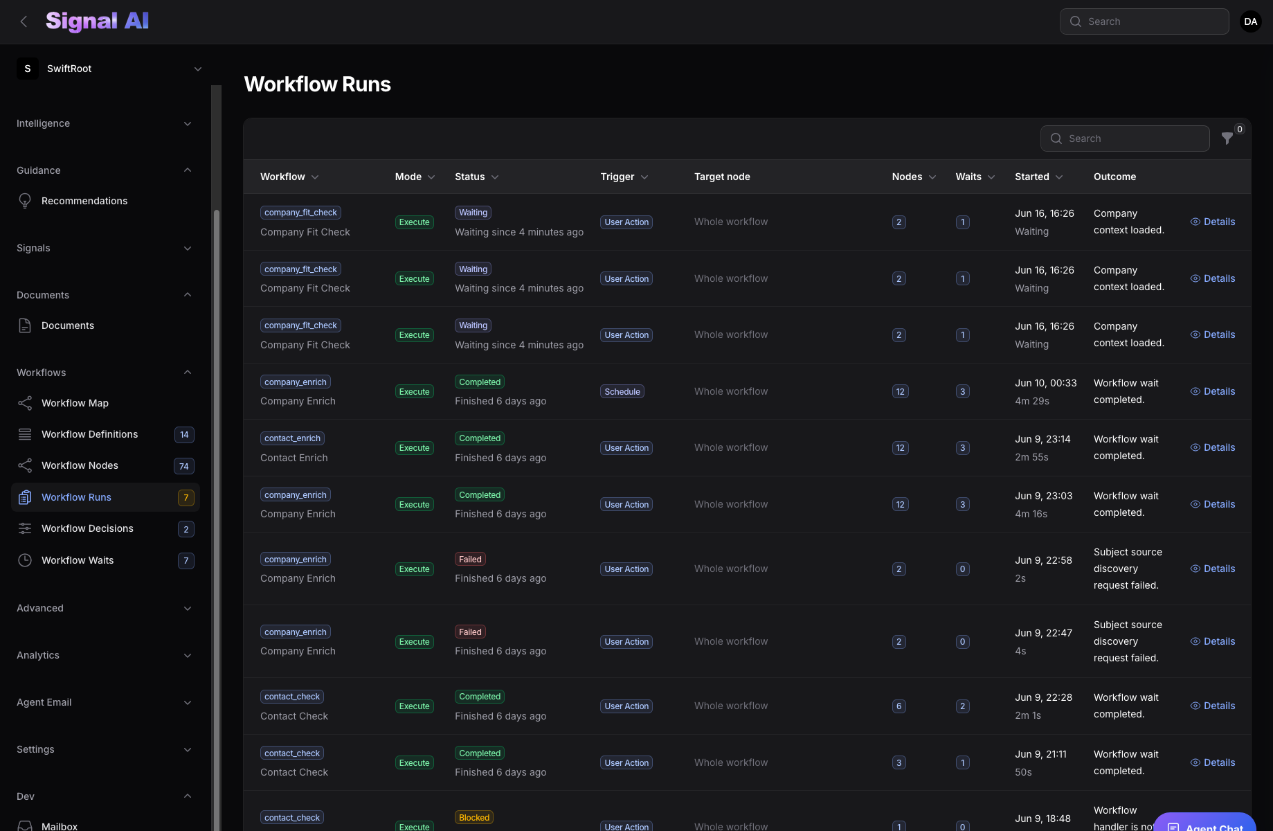 Dark workflow runs table showing status, waits, triggers, and outcomes