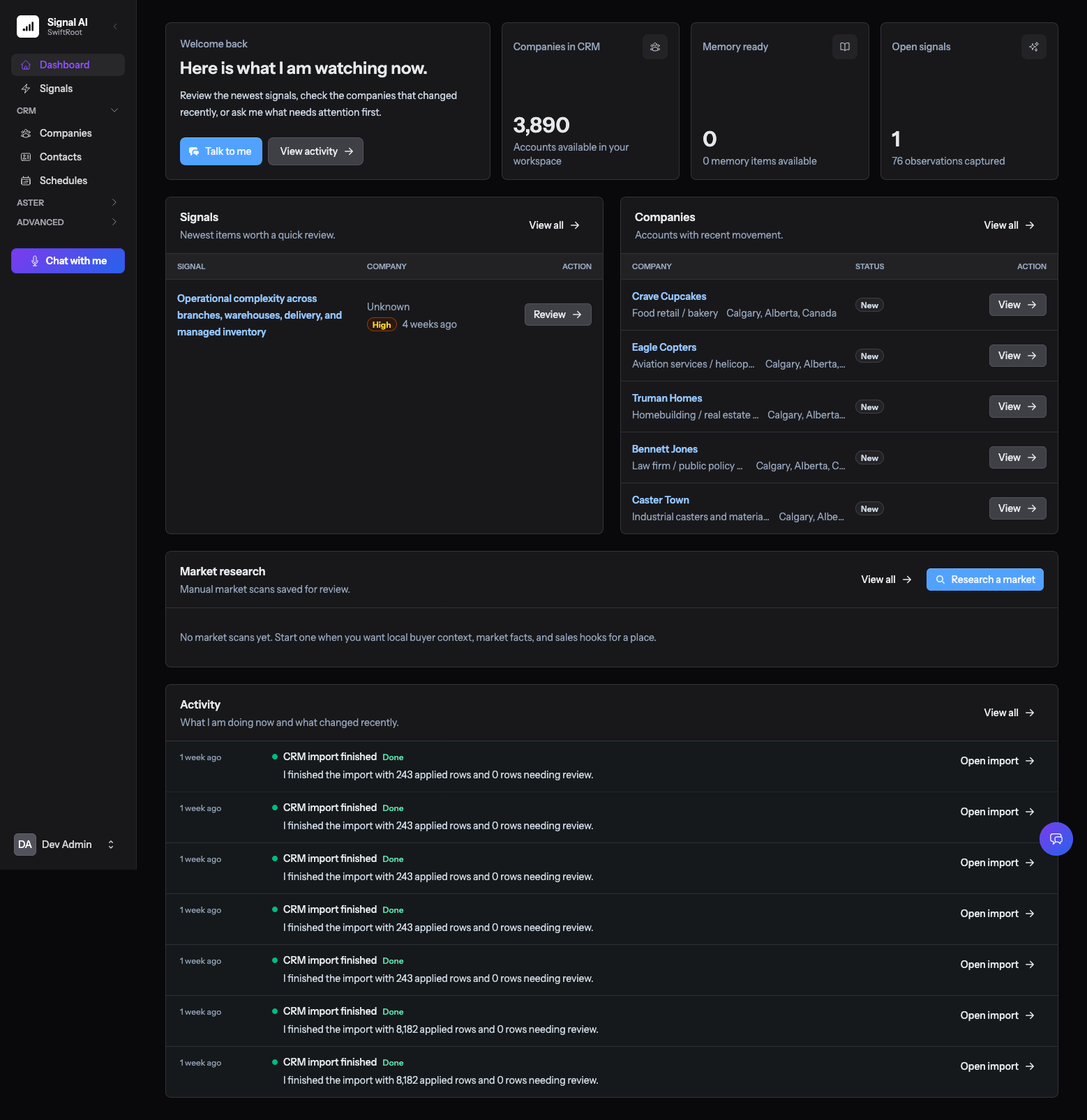 Dark Scout dashboard showing signals, companies, market research, and recent activity