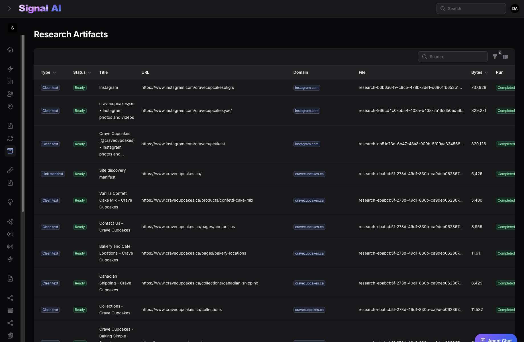 Dark research artifact trail showing sources, domains, files, and completed research runs
